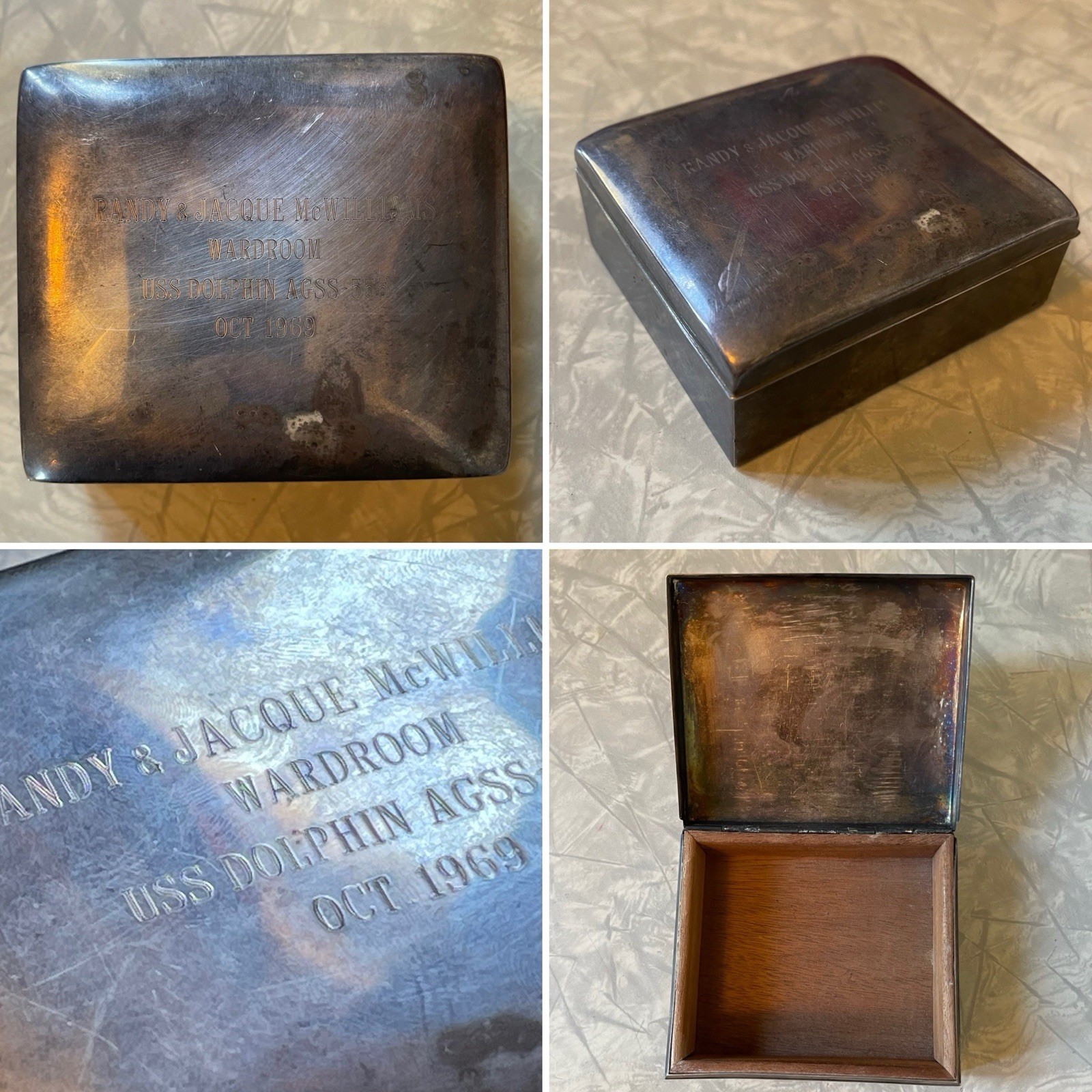 1960s 1969 USS Dolphin AGSS 555 Submarine Wardroom EPCA Silverplate Box Named