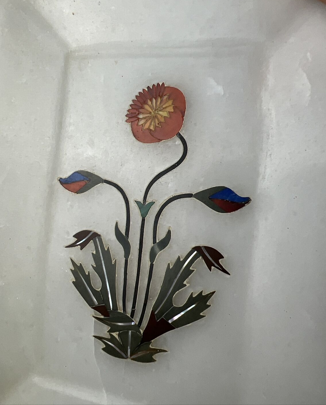Vintage Pietra Dura Poppy Marble Mosaic Inlay Tray Rectangle Agra India Chipped