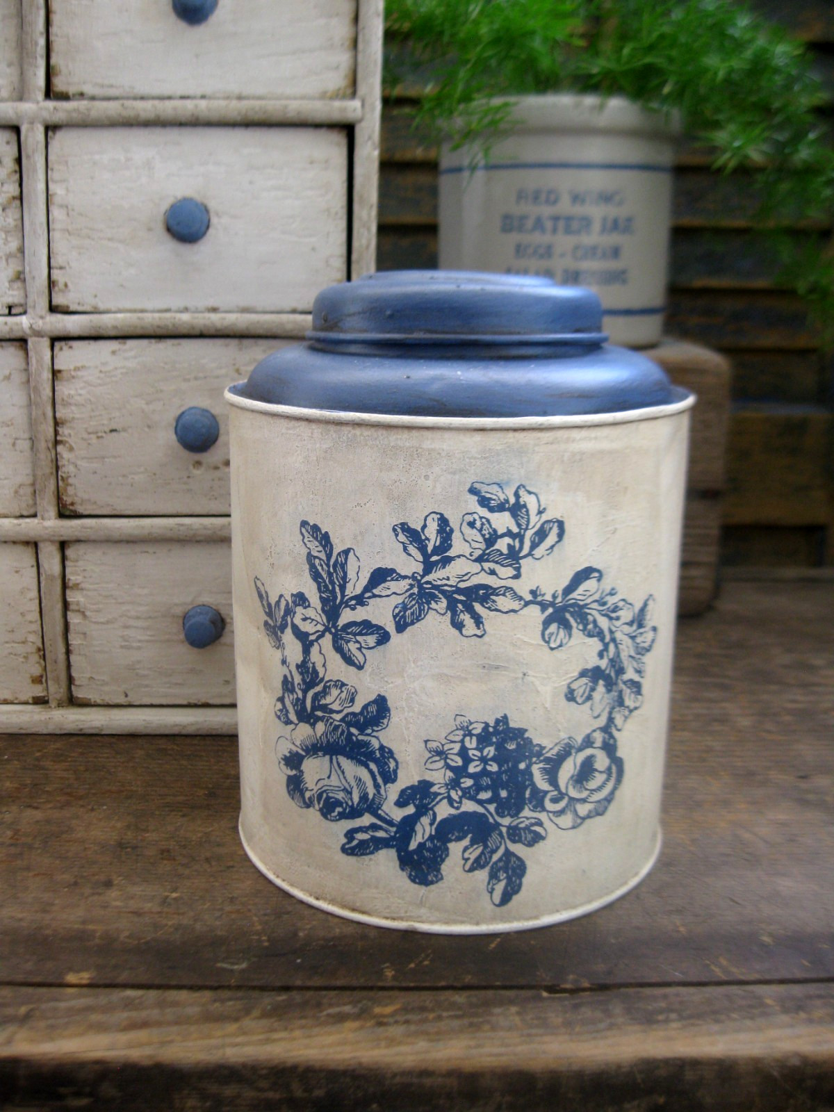 Primitive Antique Tin Tea Canister Blue and White Paint Inlay