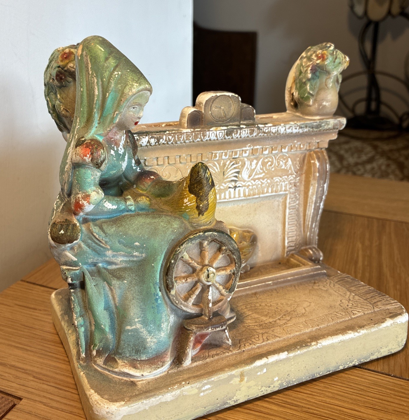 Antique Chalkware Dressing Table Mirror Lady in Medieval Attire Spinning