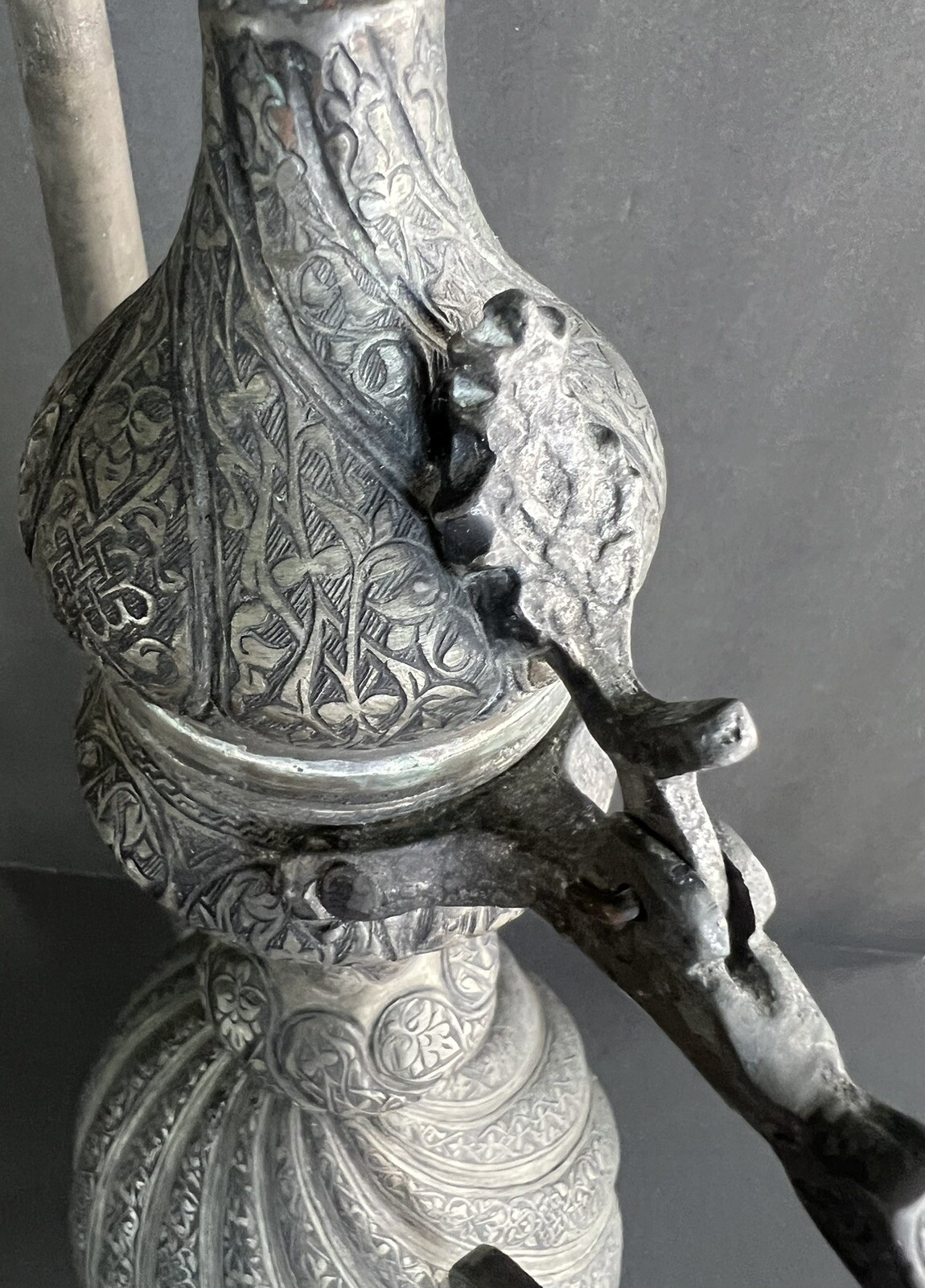 Large antique Middle Eastern Islamic Turkish Engraved Tinned Copper Ewer H21.75”