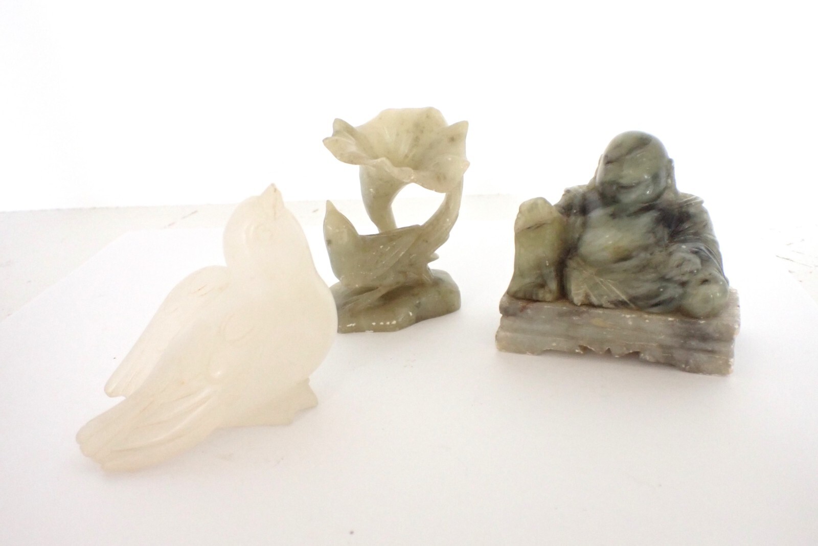 Lot Of 3 Antique Chinese Carved Soapstone Figures Sculpture Bird Flower Buddha