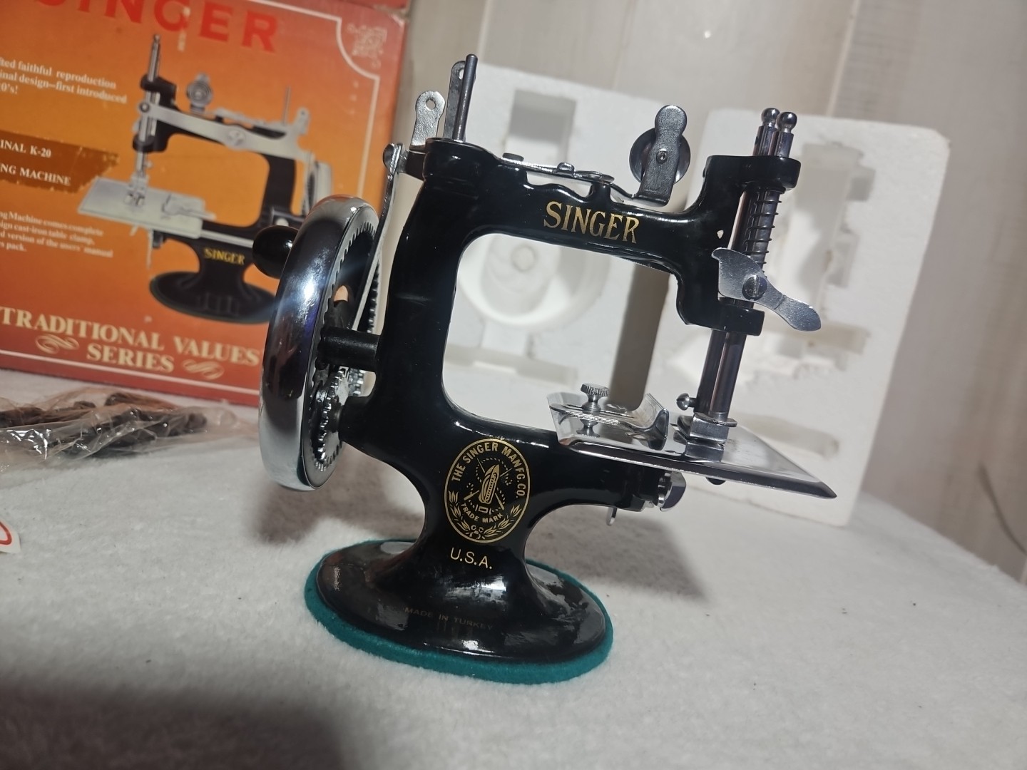 Antique K-20 Mini Singer Sewing Machine Child Size Manual, Box, Clamp, Needles