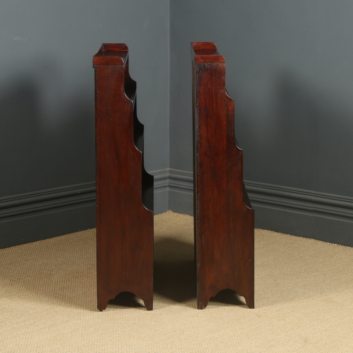 Anglo-Indian Regency Style Teak Waterfall Pair of Open Bookcases (Circa 1930)