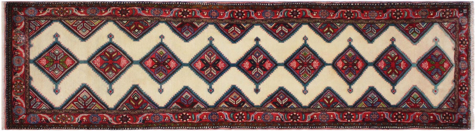 Hand-Knotted Wool Runner Rug – 2.6 x 9.9 ft – Ivory Red