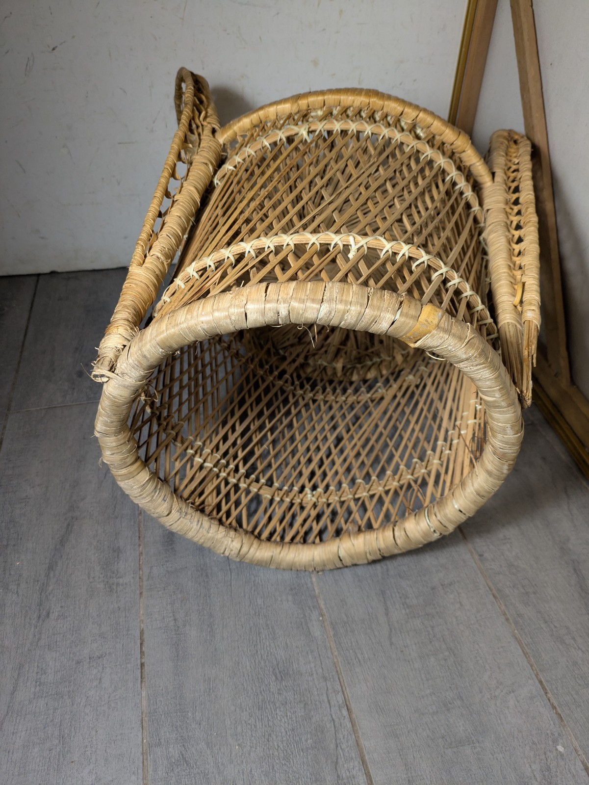 Vintage Mini Child Doll Sized Peacock Wicker Rattan Chair Boho Chic Portrait