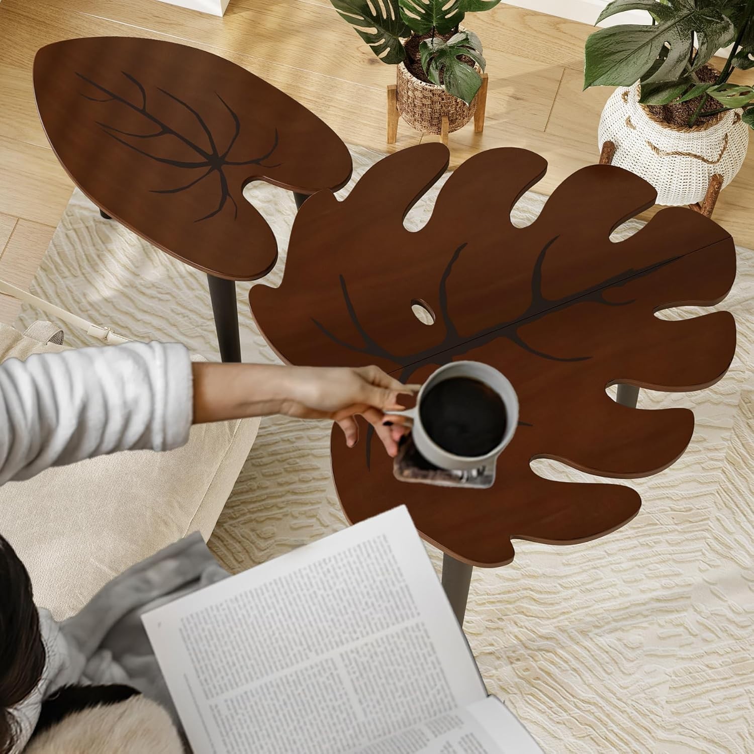 Compact Modern Nesting Tables with Monstera Leaf Design – Perfect for Any Room