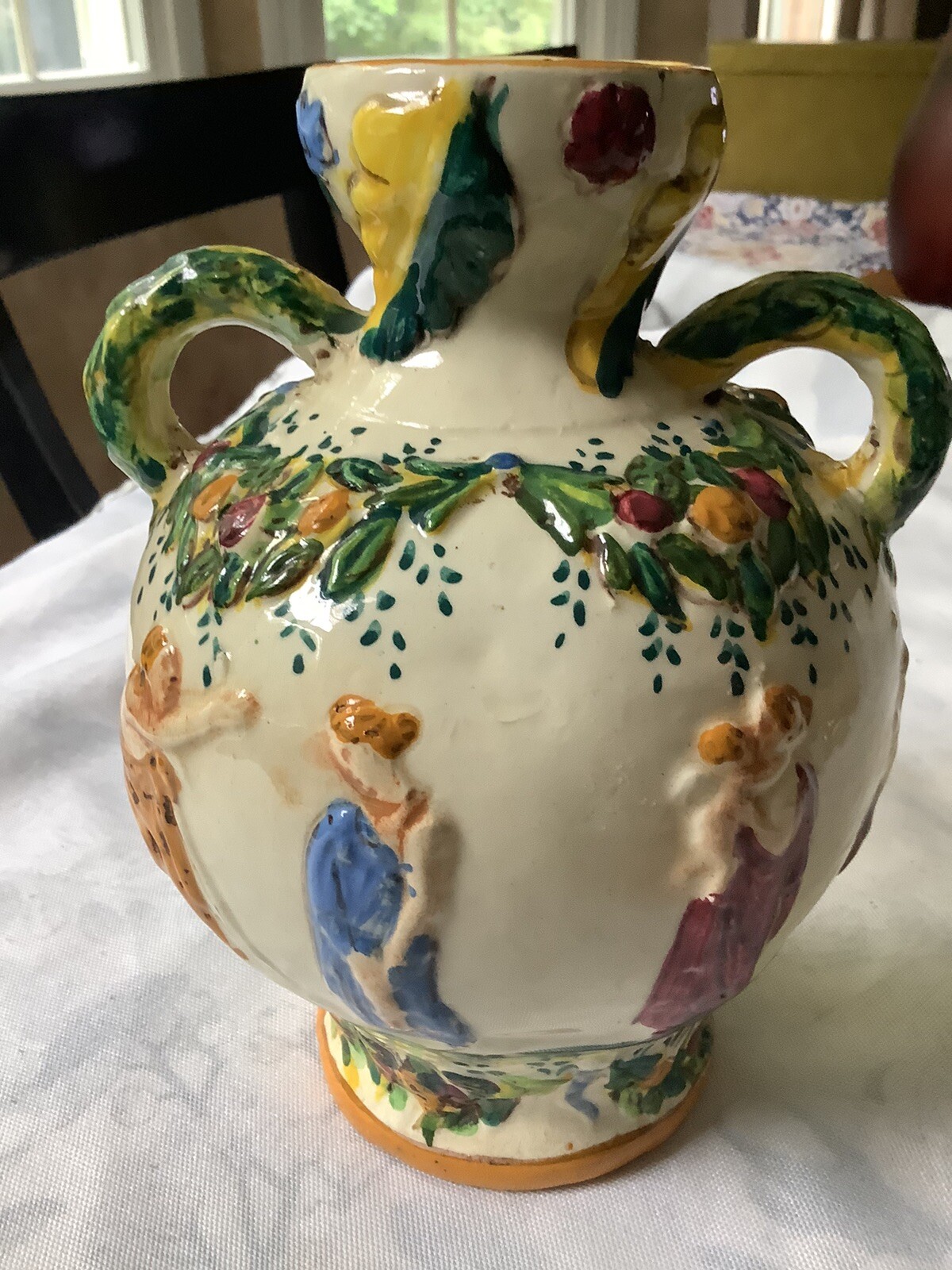 Antique Hand Painted Majolica Double Handled Vase Signed