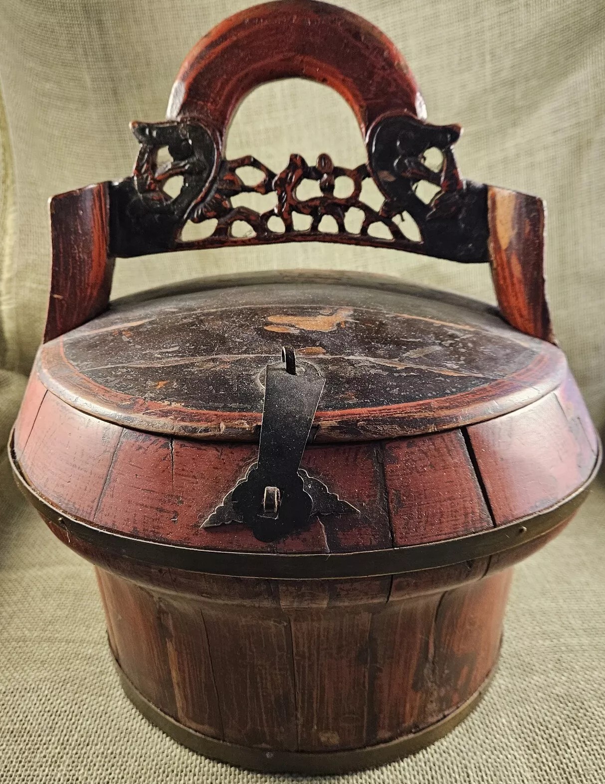 Chinese Red Lacquered Wedding Bride Box 19th C. Antique Joy Prosperity Good Luck