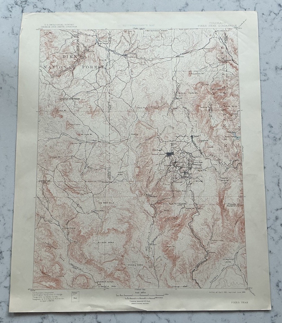 ANTIQUE PIKES PEAK COLORADO GEOLOGICAL SURVEY TOPOGRAPHICAL MAP 1909 USGS