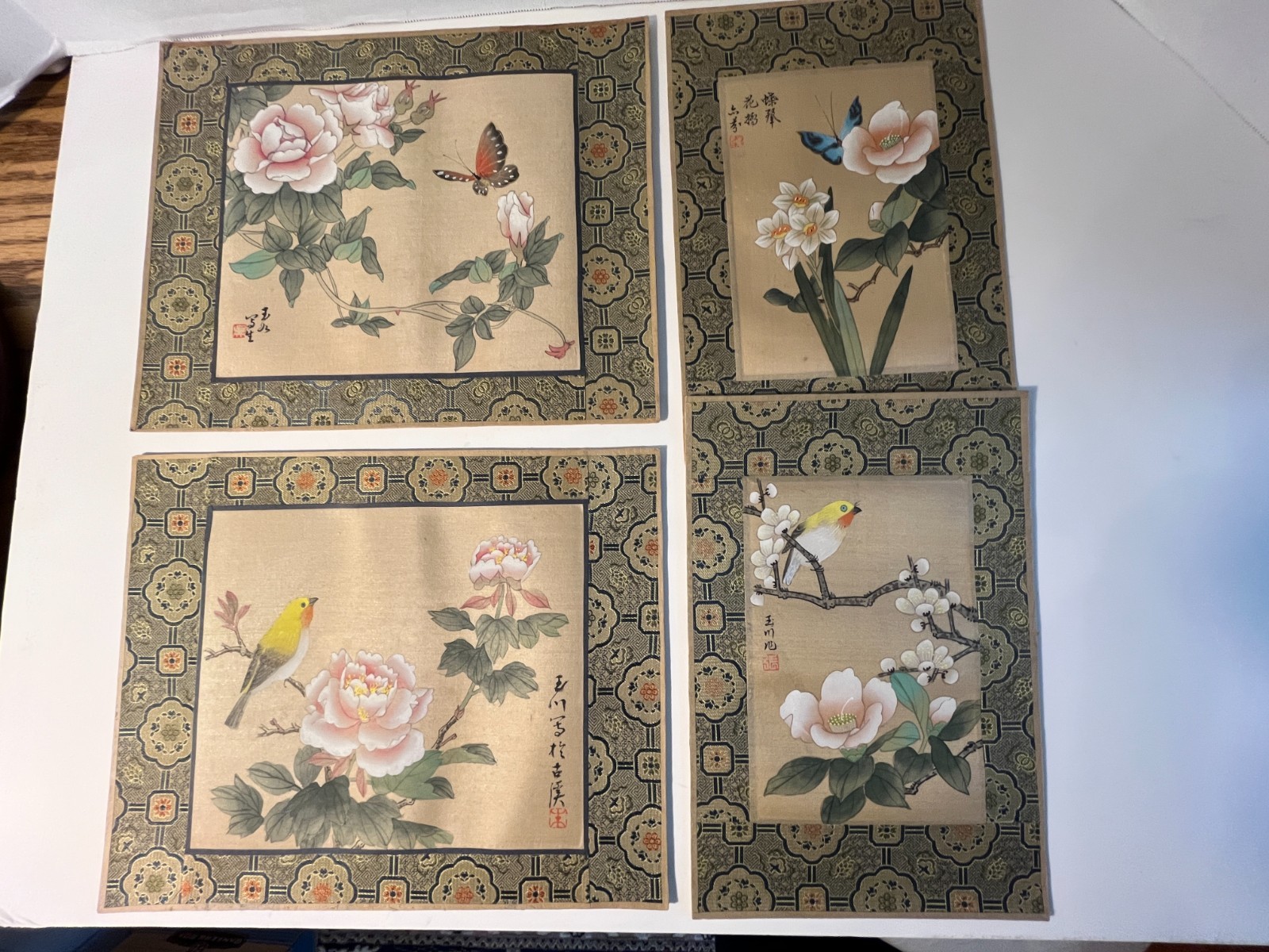 Set of 4 Vintage Chinese Hand Painted Silk Artwork Flowers Birds Signed No Frame