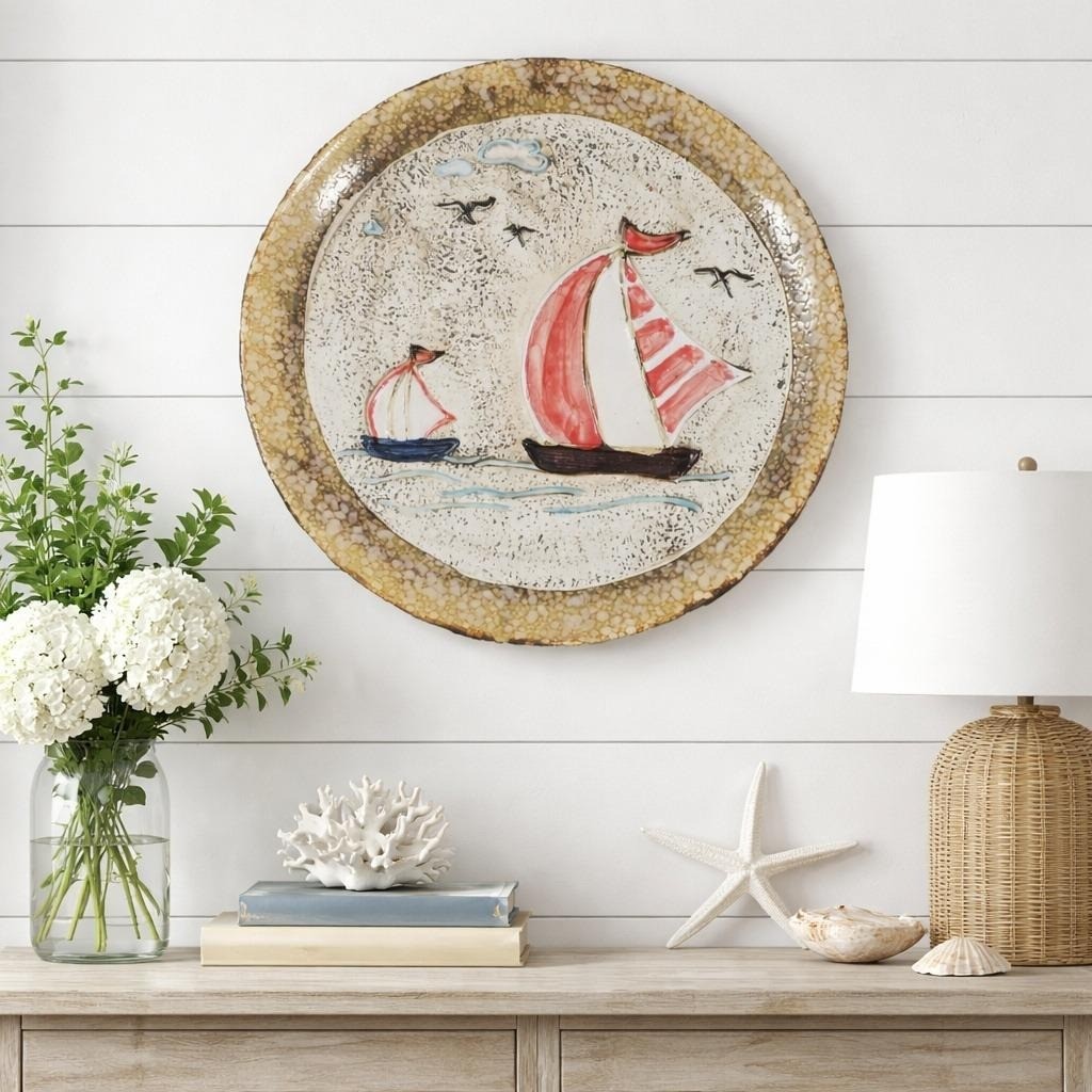 Vintage Nautical Sailboat Ceramic Plate 15 Inch Textured Coastal Wall Decor