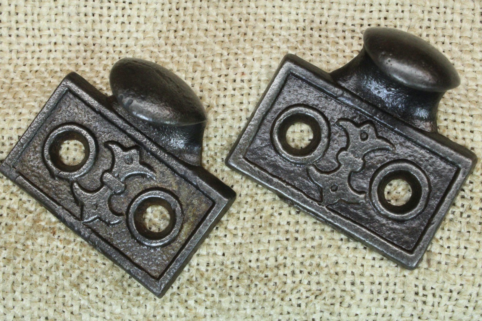 2 Old Window Sash Lifts Pulls Restored Cast Iron Victorian Fleur de Lis Floral