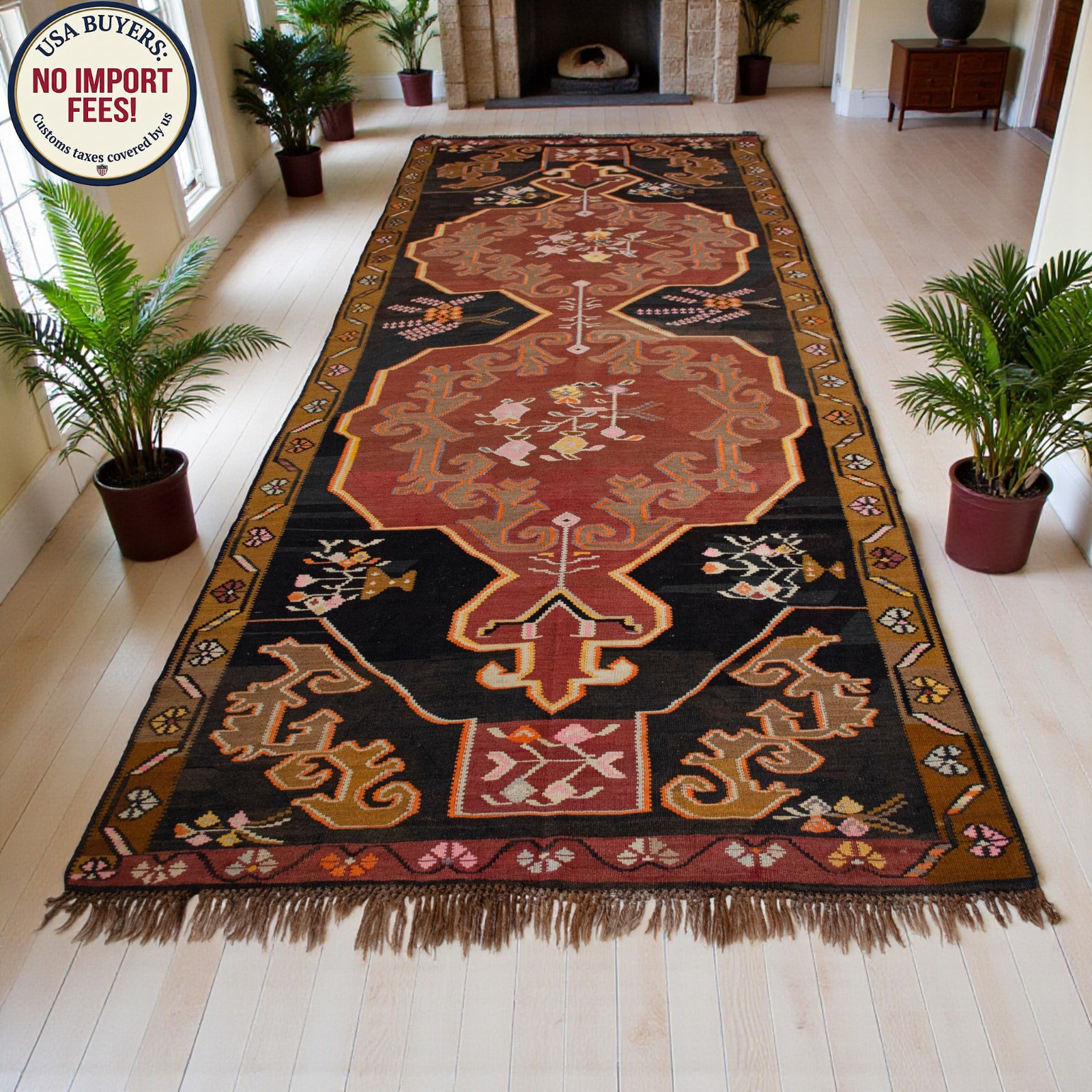 Vintage Turkish Rug Kilim 5×13 Handmade Organic Wool Flatweave Large runner rug