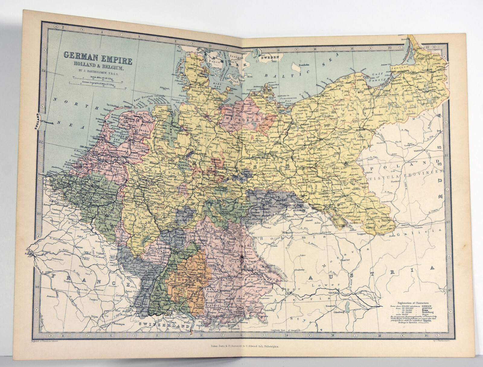 1876 Antique ORIGINAL 17″ German Empire Map Holland Belgium Europe Bartholomew