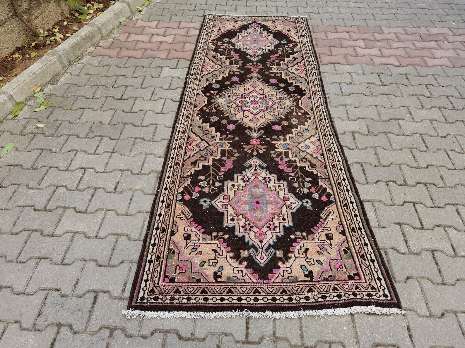 Brown Vintage Turkish Oushak Runner 3×9 Hand Knotted Wool Brown Pink Tribal