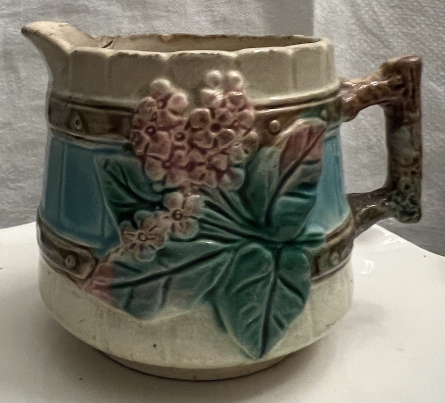 Beautiful Small Majolica Creamer With Pink Lilac, On White, Turquoise Brown Trim