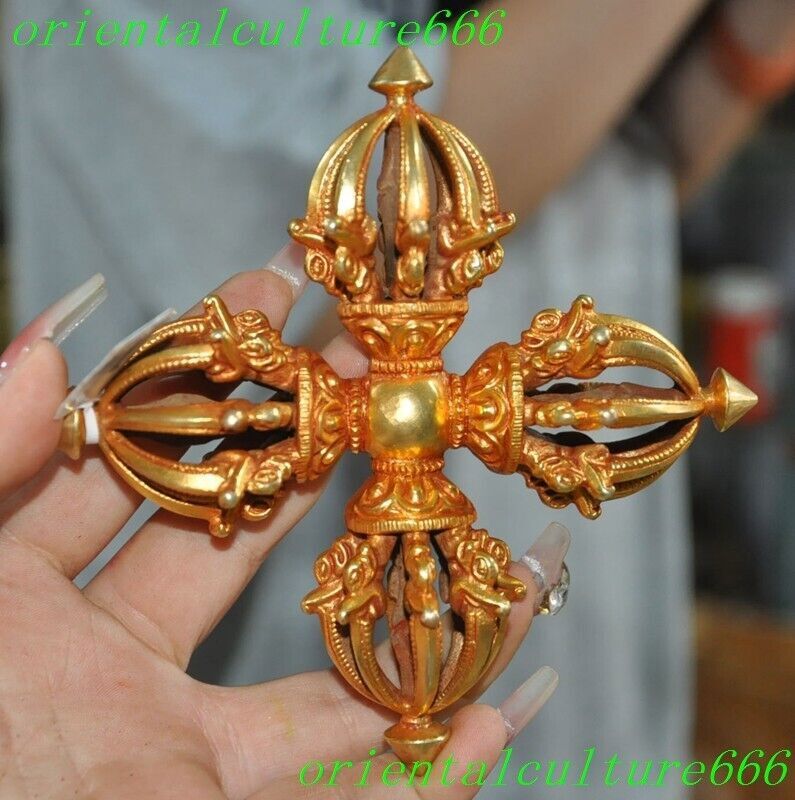 5″Tibet bronze 24k gold gilt cross Vajra Dorje Phurpa Exorcism Talisman statue