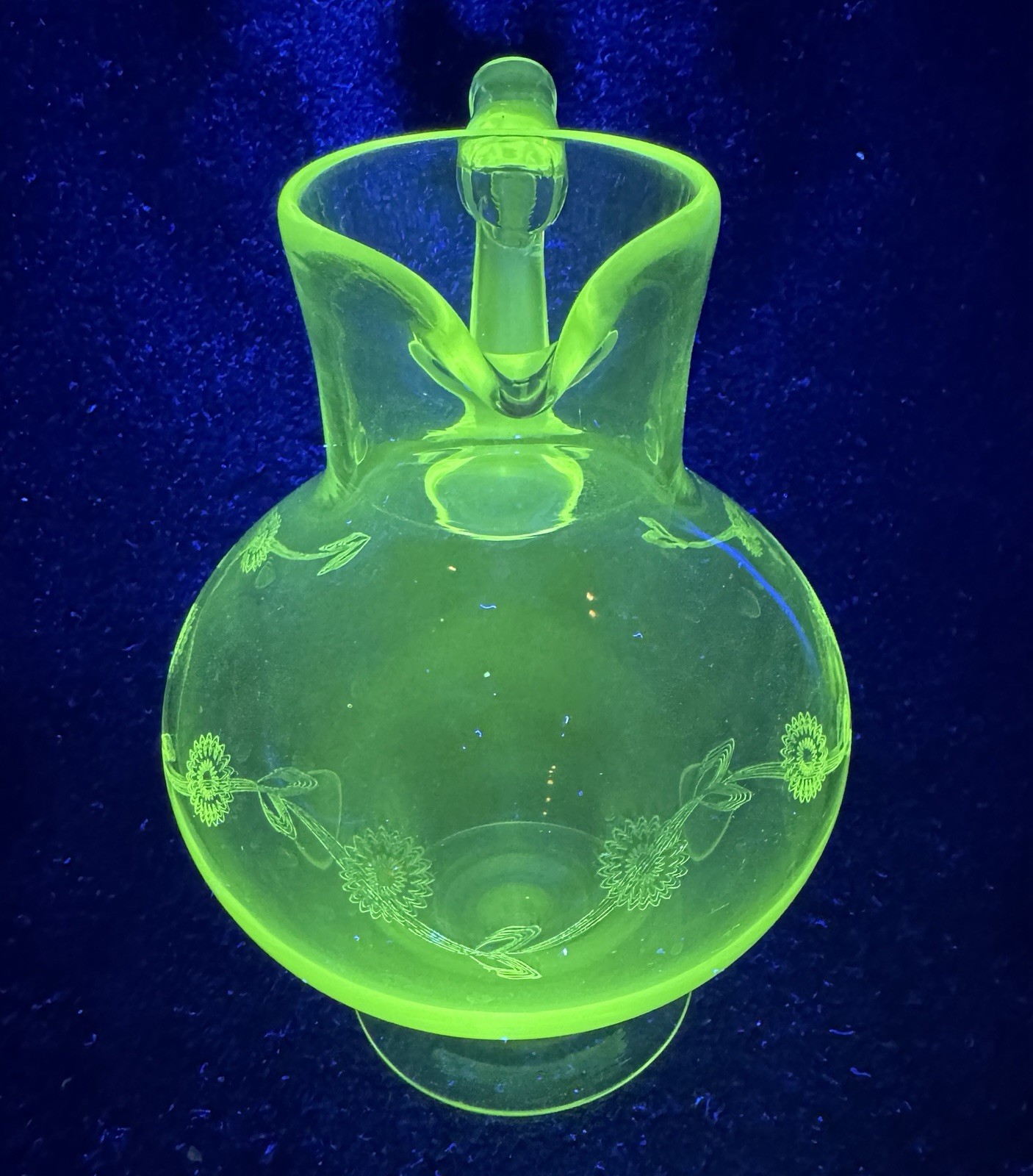 Antique Victorian Footed Juice Pitcher Engraved With Flowers Manganese Glass