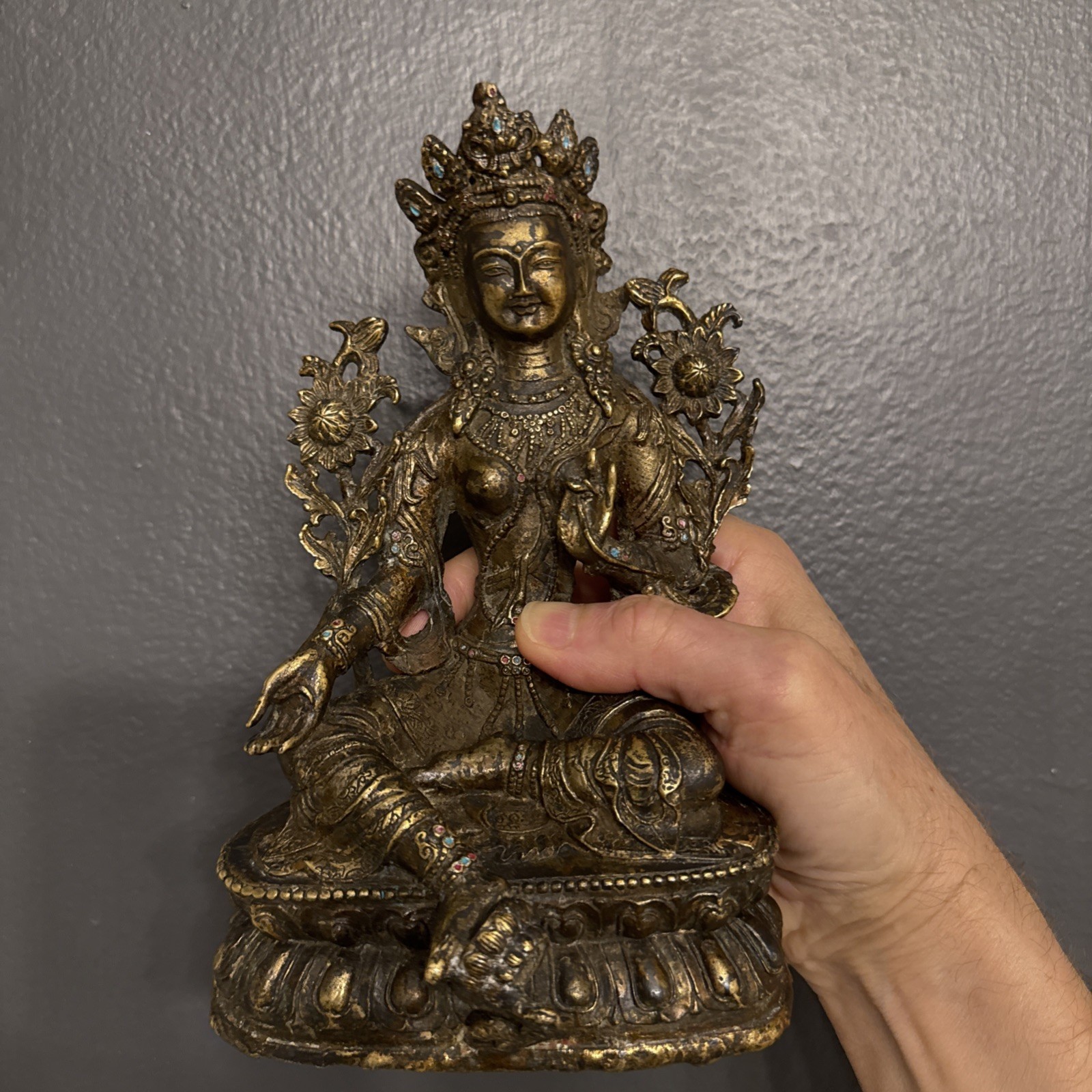 VTG Tibet BUddhism Temple Bronze Gold Gild Green Tara Goddess Bodhisattva Statue