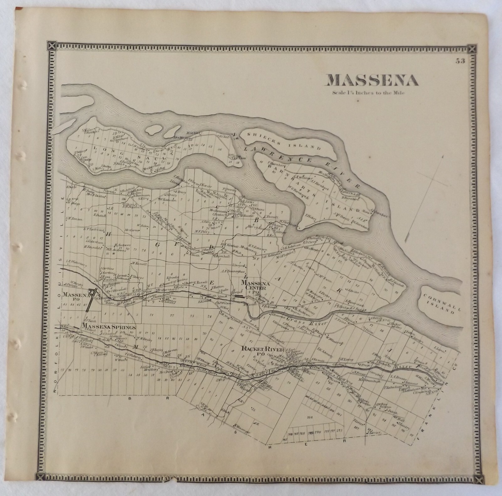 1865 NY St Lawrence County Town Massena Racket River Cornwall Antique Atlas Map