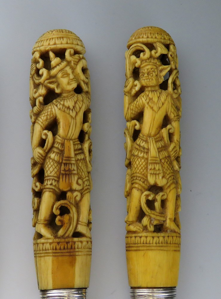 4 Antique Thai Hand Carved Stag Sheffield blades Knives10 3/4″