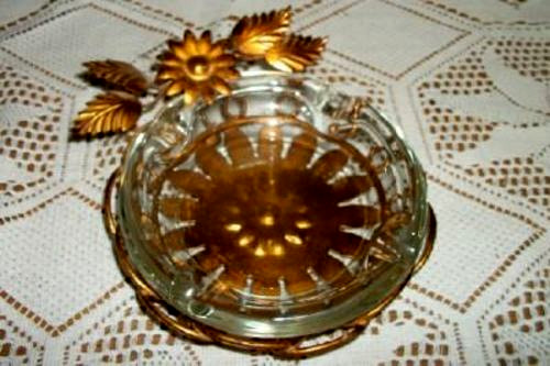 Italian Tole Gilt Flower Ashtray Dish Chateaucore Trinket Elegant 1960s Italy
