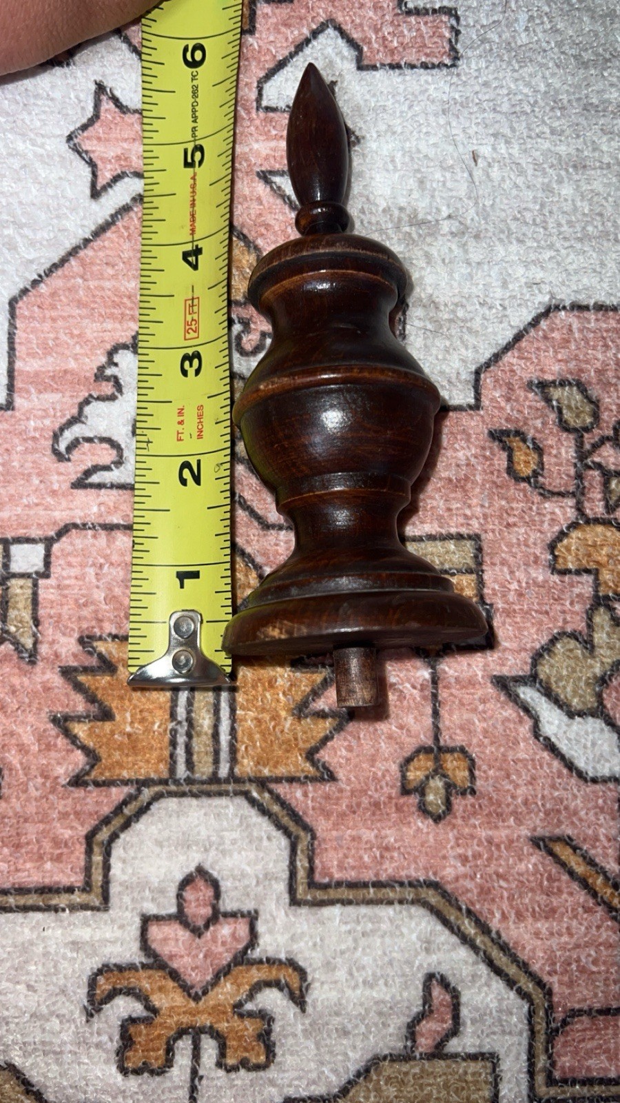 Antique Turned Wood Finial Brown w/ Threaded Mounting Post 5 in