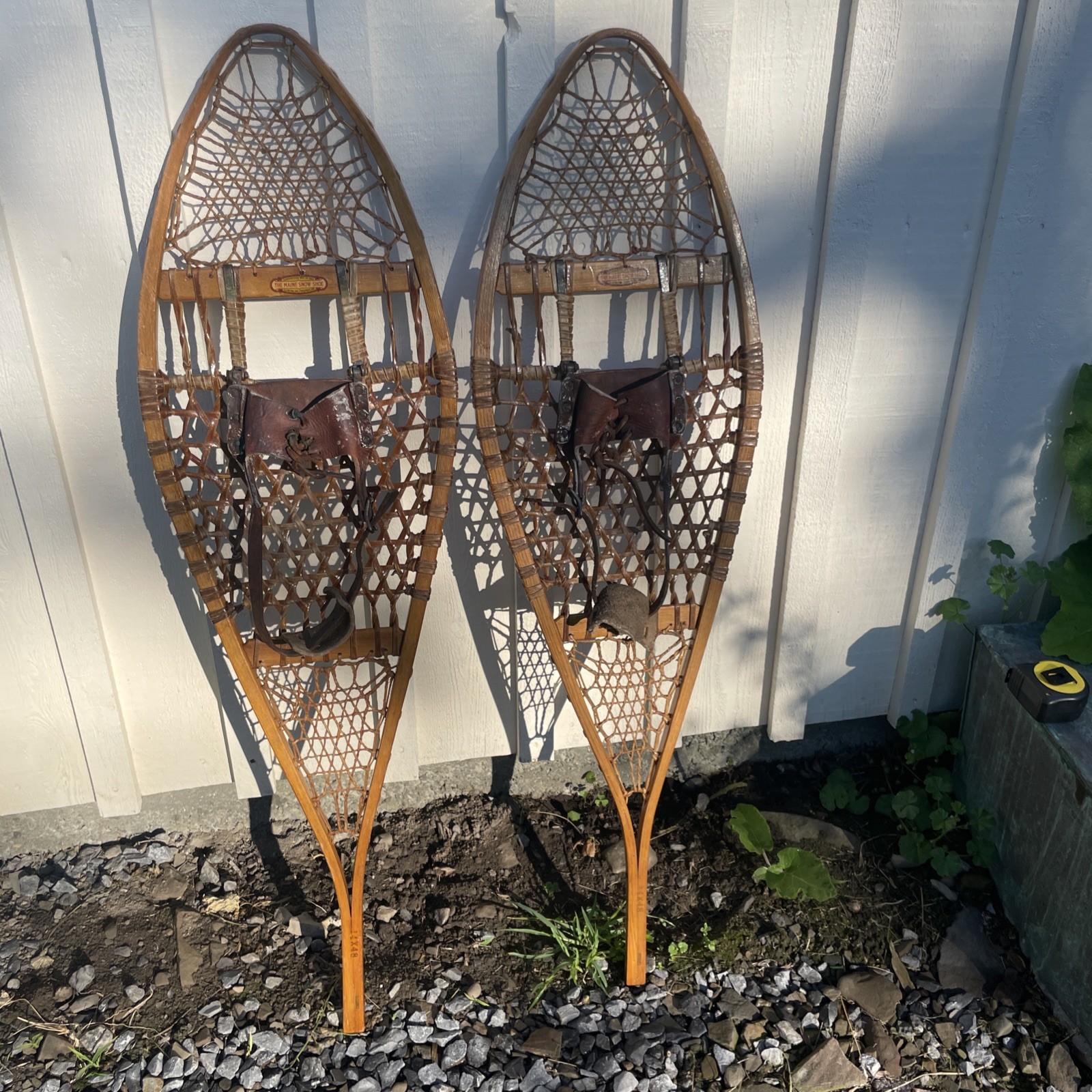 Antique L.L.Bean Maine Snow-Shoe Wood Rawhide Snowshoes Pair 14×48