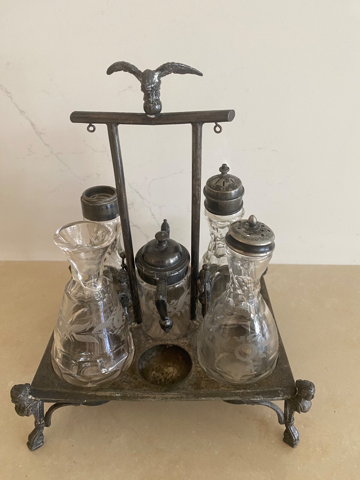 1869 Antique REED & BARTON Silver Plate Egyptian Revival Cruet Breakfast Set