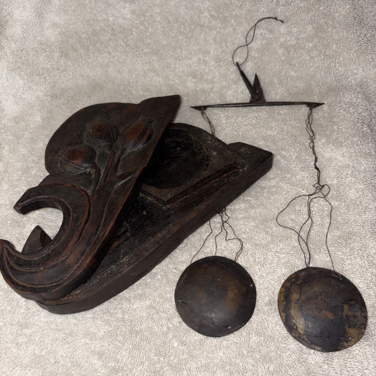Karen Hill Tribe Opium Trade Scales Teak Bronze Dotchin Poppy Flower Wood Art
