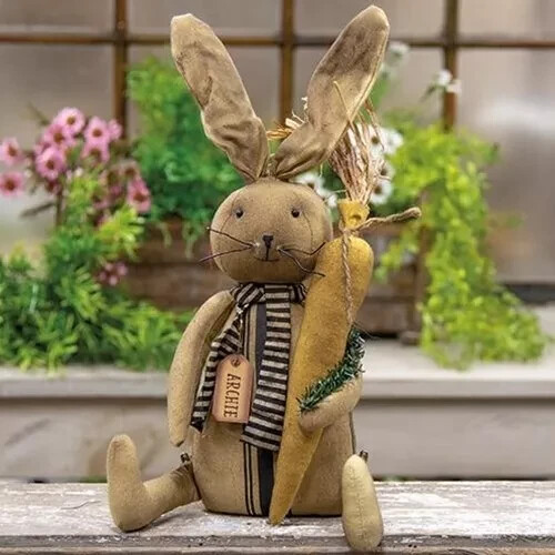 Primitive Rustic GRUNGY BLACK STRIPE BUNNY DOLL Carrot Rabbit Figure