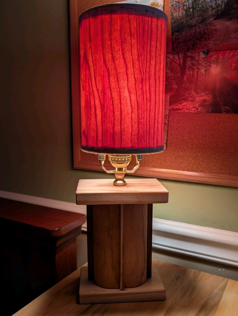 Handcrafted Cherry, Walnut, And Pine Wood Lamp With Cherry Veneered Lampshade