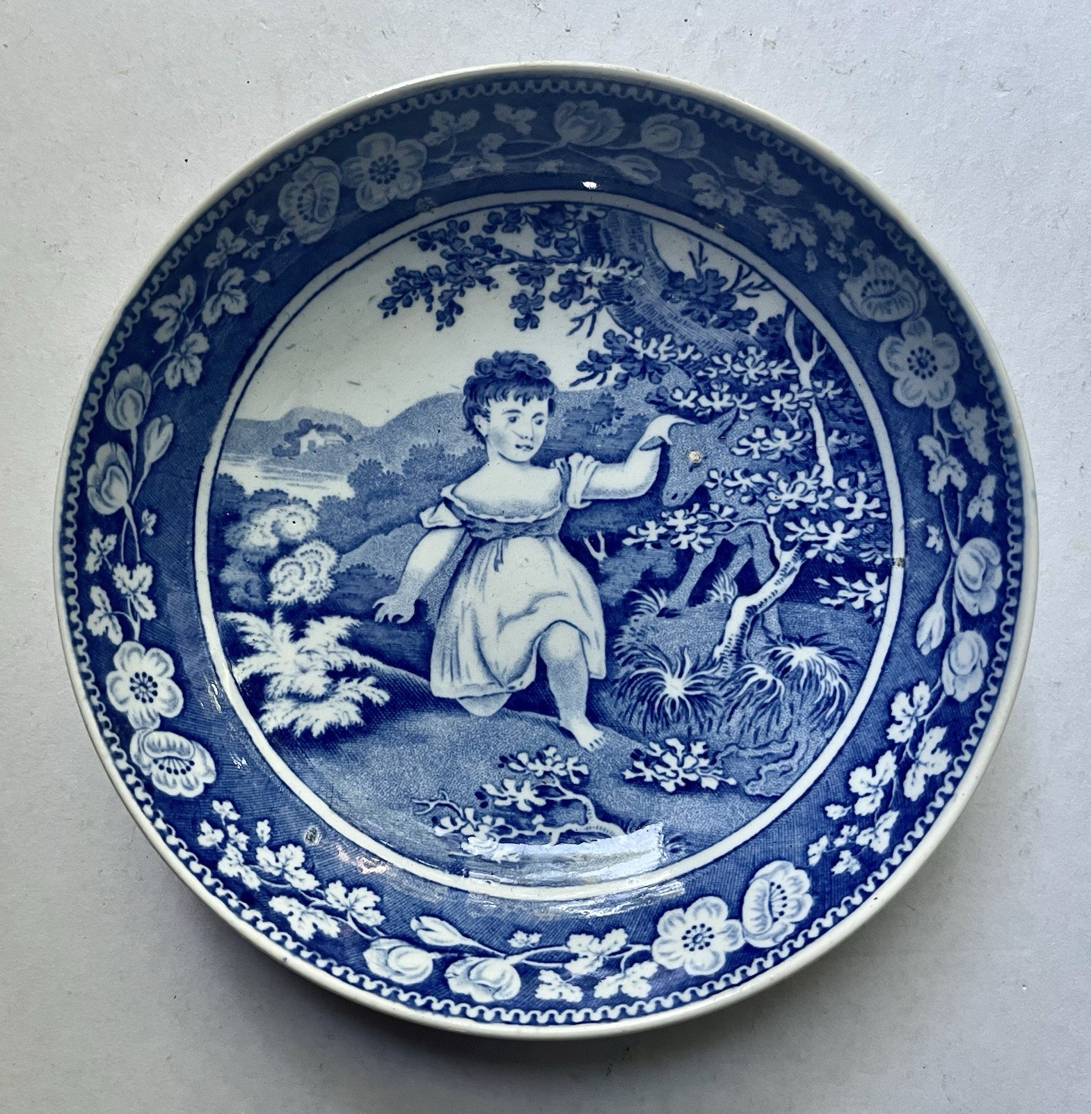 Fine Antique Pearlware Deep Saucer, Blue Transfer, Staffordshire, Eng., 1815ish