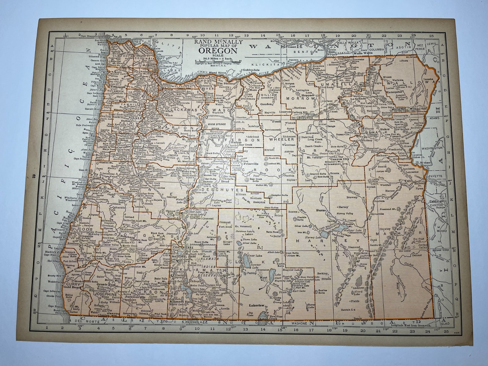 1925 “Copper” OREGON State Map fm 1925 Rand-McNally Atlas SEE DESCRIP