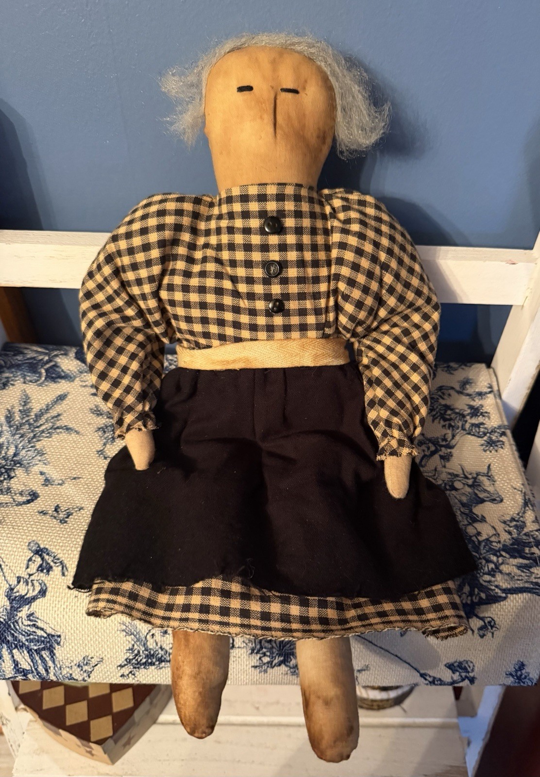 Primitive Folk Art Grungy Granny Doll With Apron Handmade 14.5”