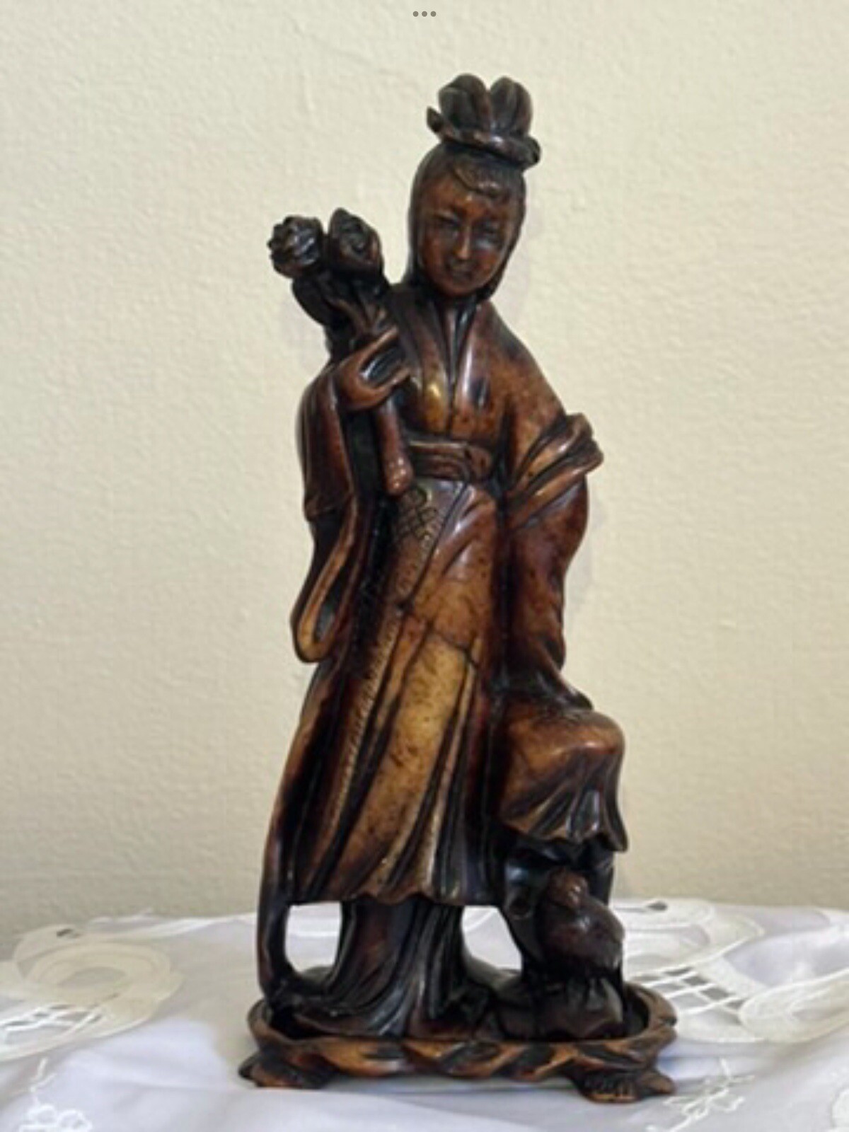 Antique Hand-carved Soapstone Japanese Geisha With Markings And Unique Stand.