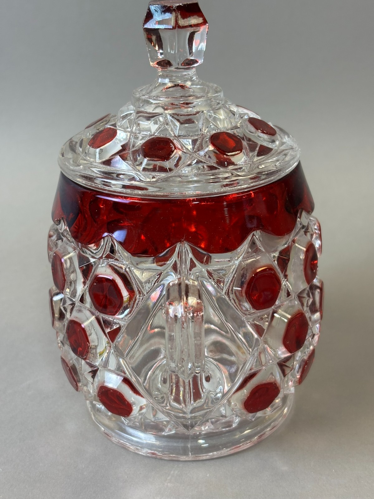 #1126 Antique Ruby Red Flash Souvenir Glass CUT GLASS CANDY DISH WITH LID