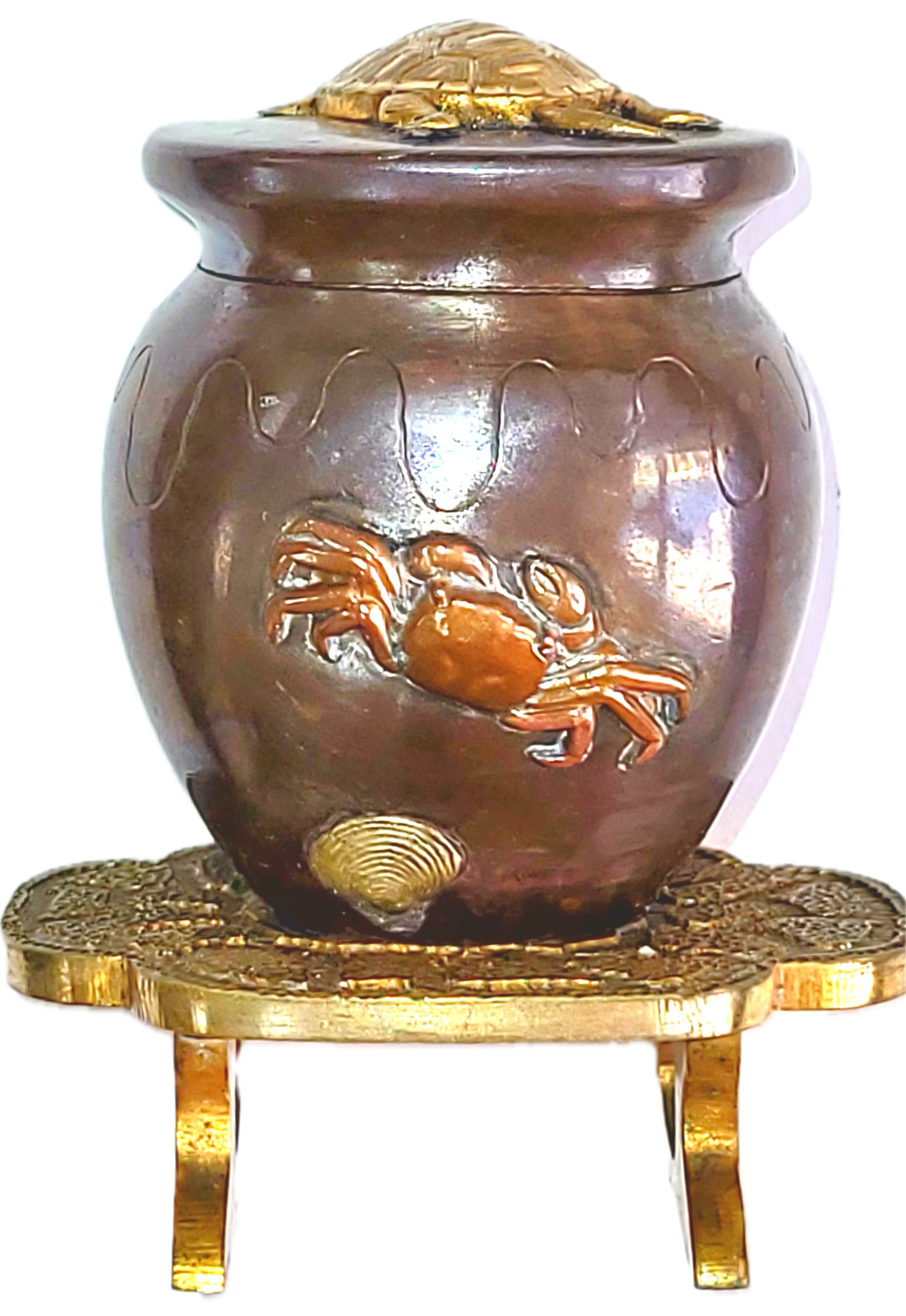 Antique Japanese Ink Pot Bronze Gilt Turtle & Crab Footed Stand