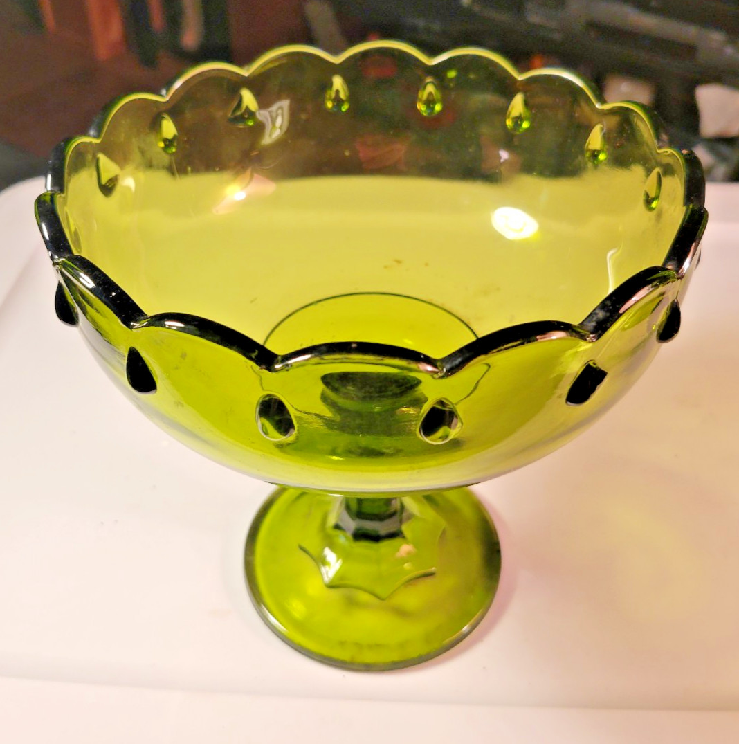 Vtg Indiana Glass Teardrop Olive Green Footed Compote 7.75″ Tall 7.5″ Diameter
