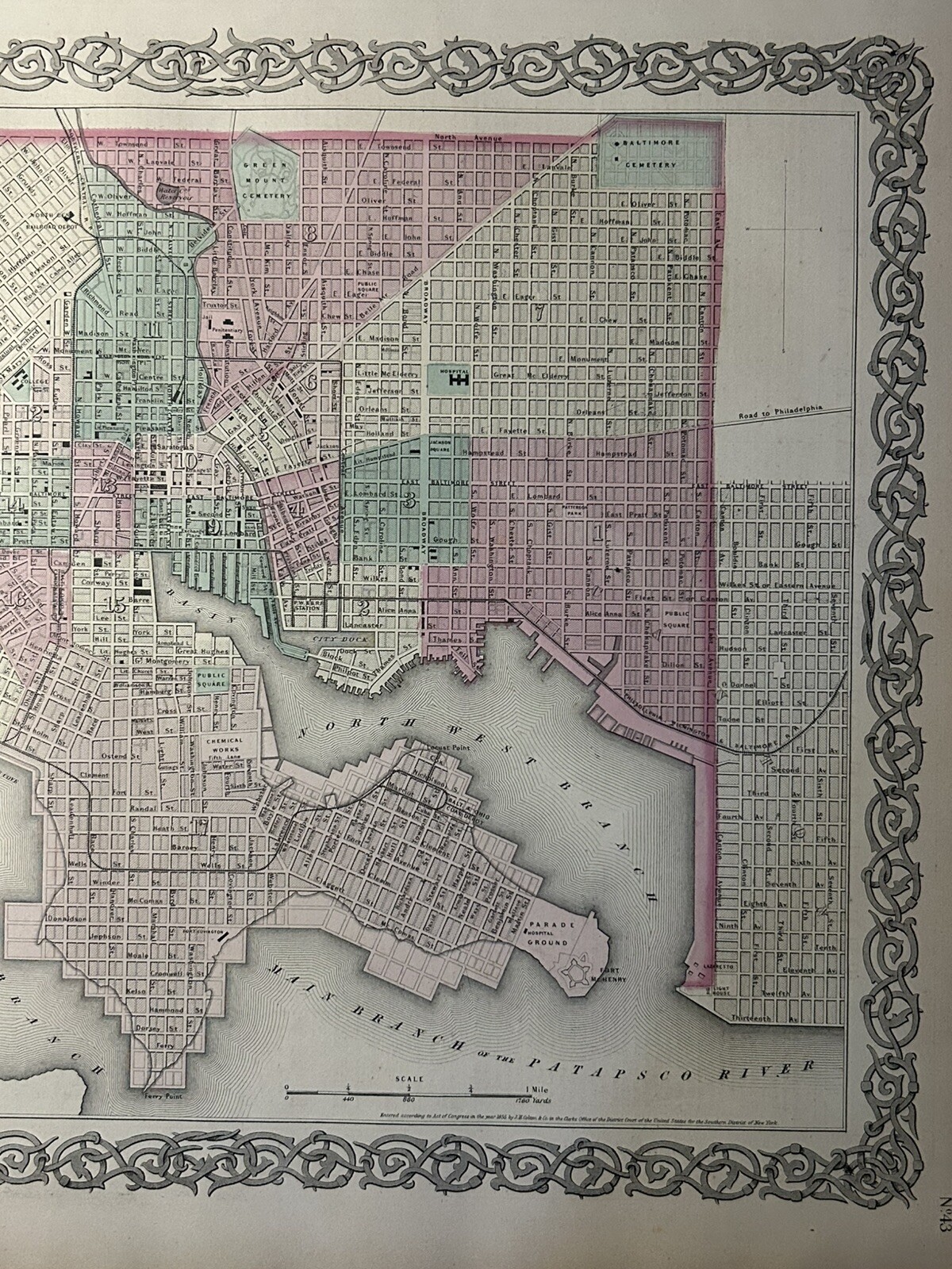 1870 Colton’s Baltimore City Plan Hand Coloured Original Antique Map 17″ x 14″