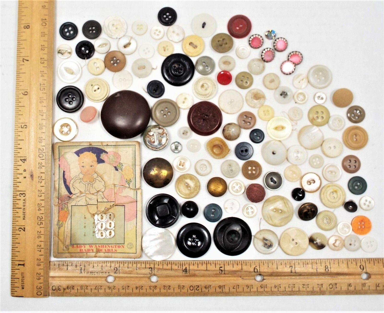 Over 100 Antique Buttons 1800’s – 1900’s – Bakelite – Fabric – Metal – MOP – #2