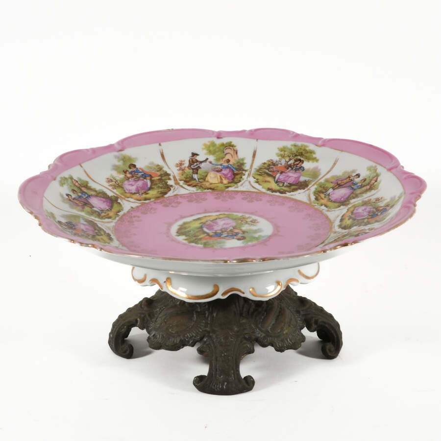 Antique Pink and White Porcelain Server on Metal Base