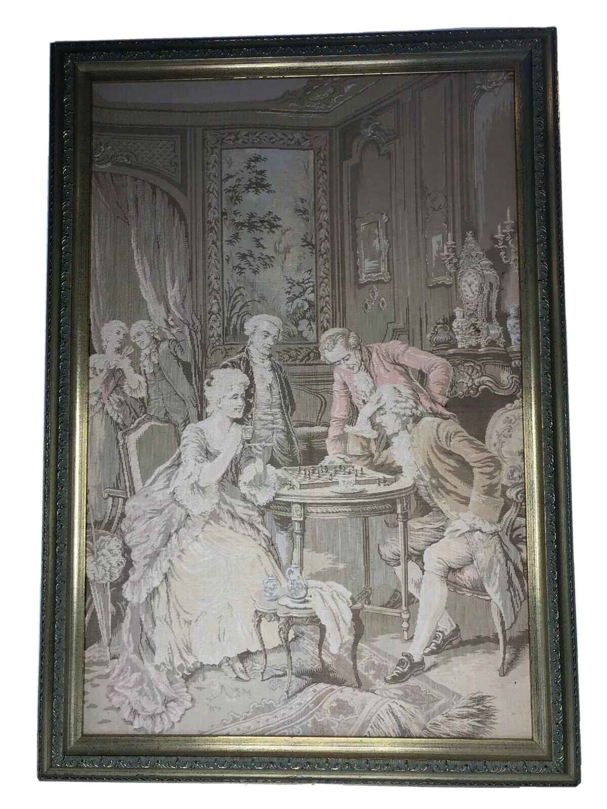 Vtg Late 19th Century Framed French Tapestry Depicting 18th Century Revelries