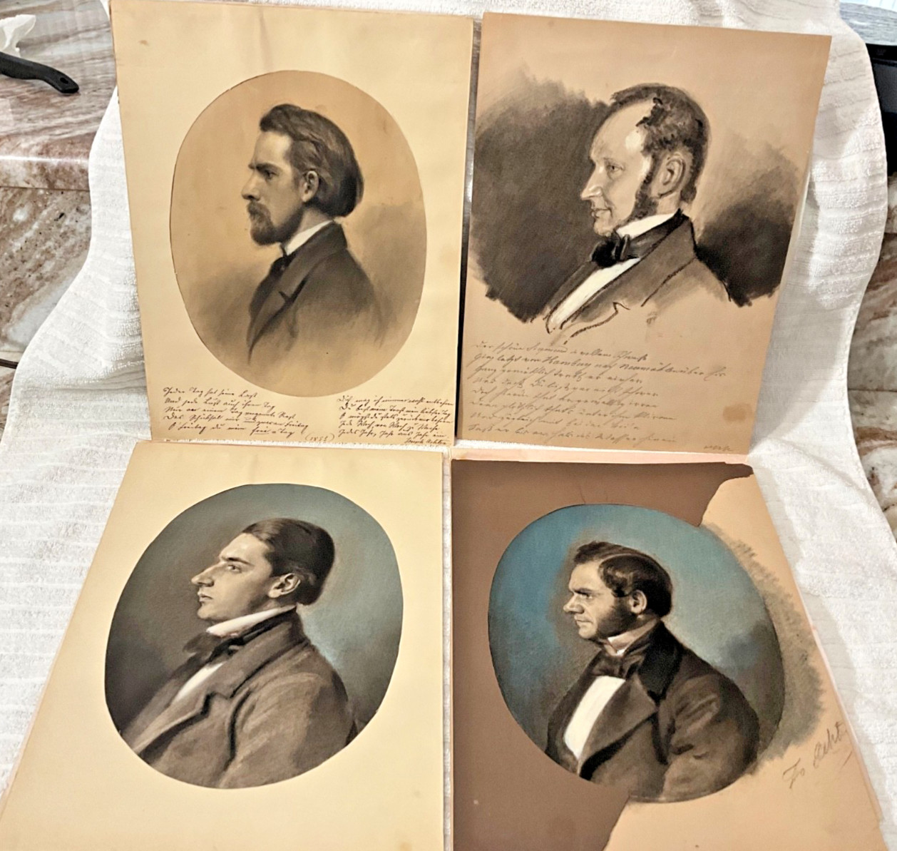 4 Antique 1855 Victorian Charcoal chalk matted Portraits dated with writings