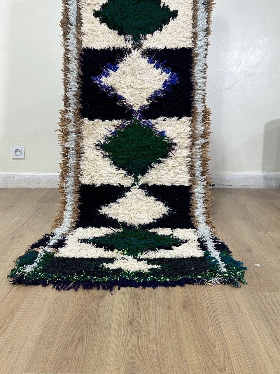 Vintage Moroccan handmade 2’4″x6’1″ Bohemian Berber Green Blue and White Runner