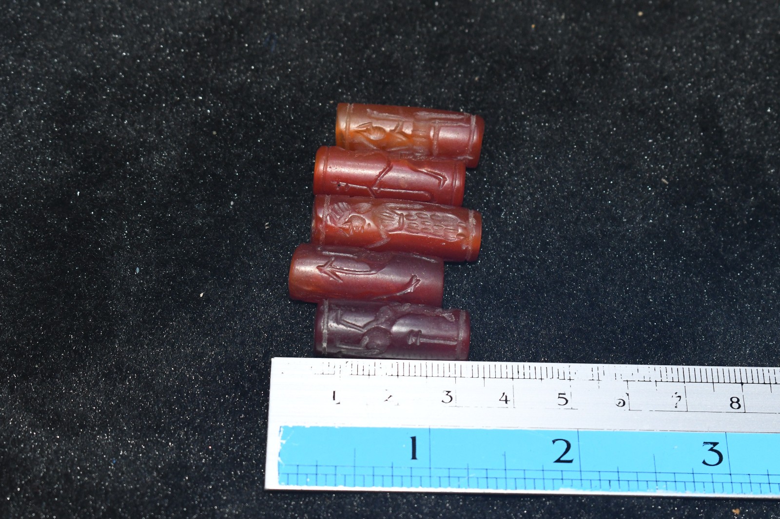 5 Antique Old Near Eastern Carnelian Stone Intaglio Seal Barrel Beads