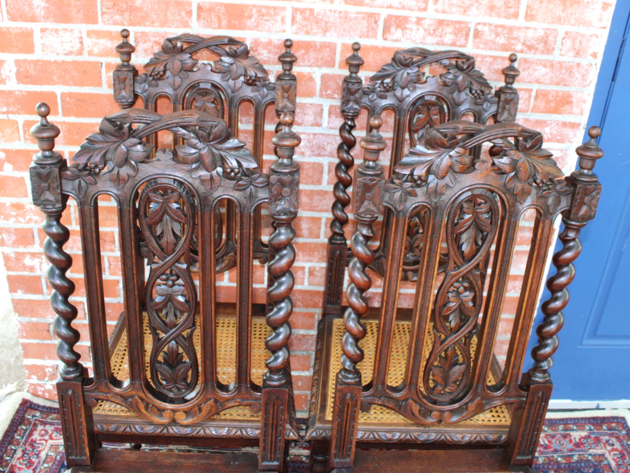 Set of 4 French Antique Renaissance Oak Louis XIII Dining Chairs w/ Cane Seats