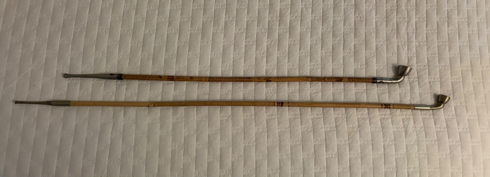 TWO Antique Japanese Bamboo and Brass Long Traditional Smoking Pipes 25″ and 30″