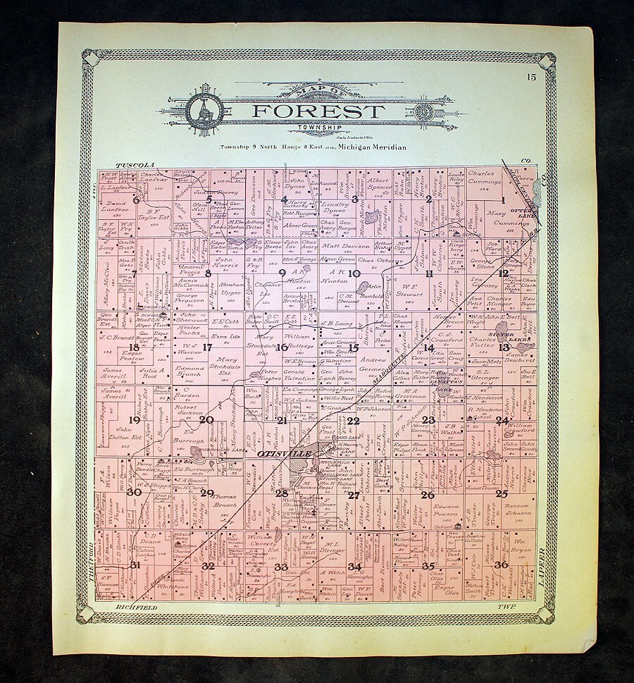 1907 Forest Township Plat Map Genesee County Michigan Original